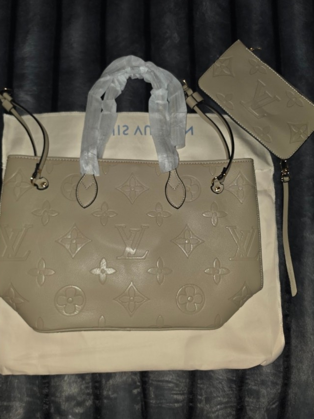 Louis Vuitton Taupe Embossed Monogram Tote with Wristlet